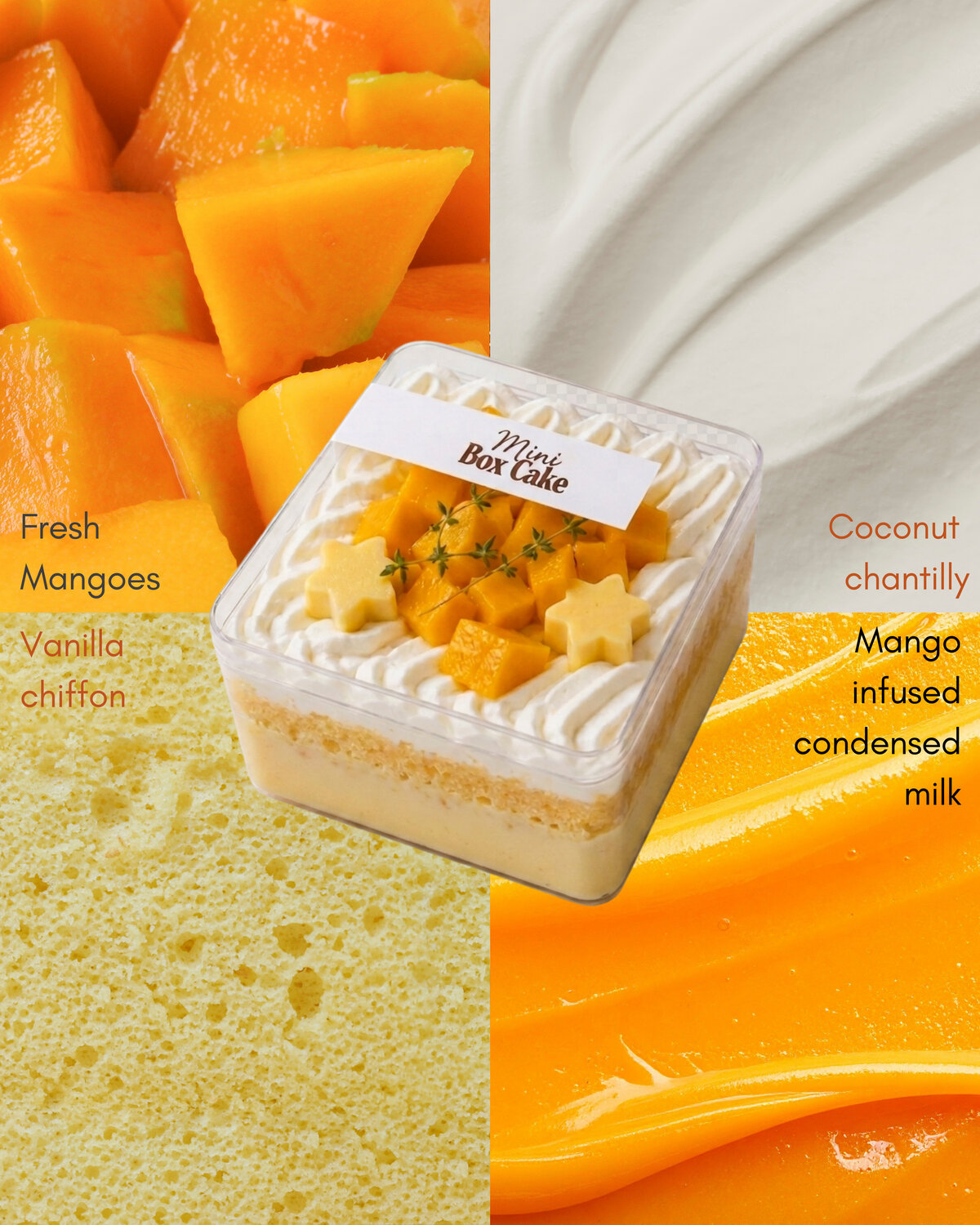 Mango mini box cake with vanilla chiffon, coconut chantilly and fresh mango