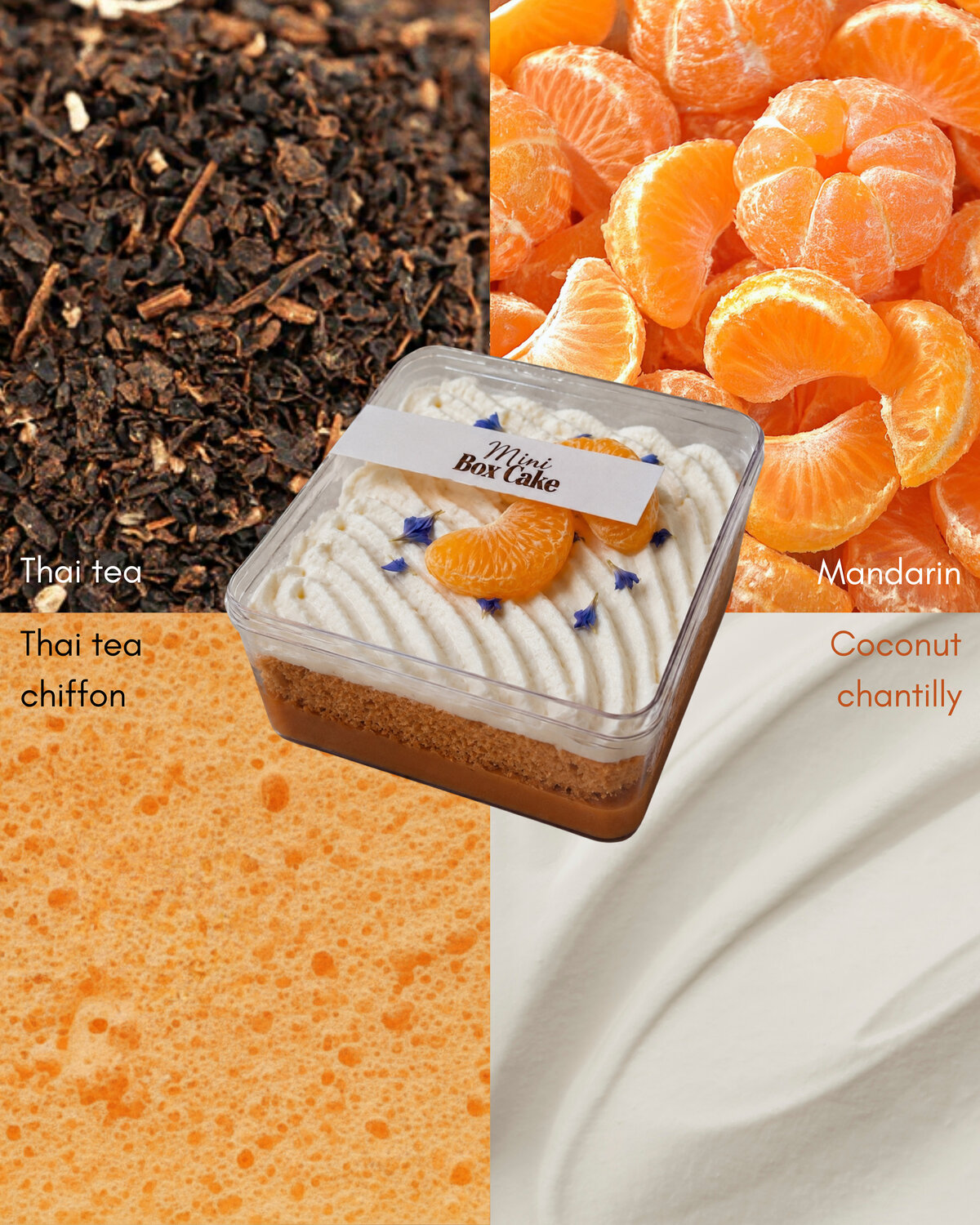 Thai tea mandarin mini box cake with coconut chantilly and mandarin segments