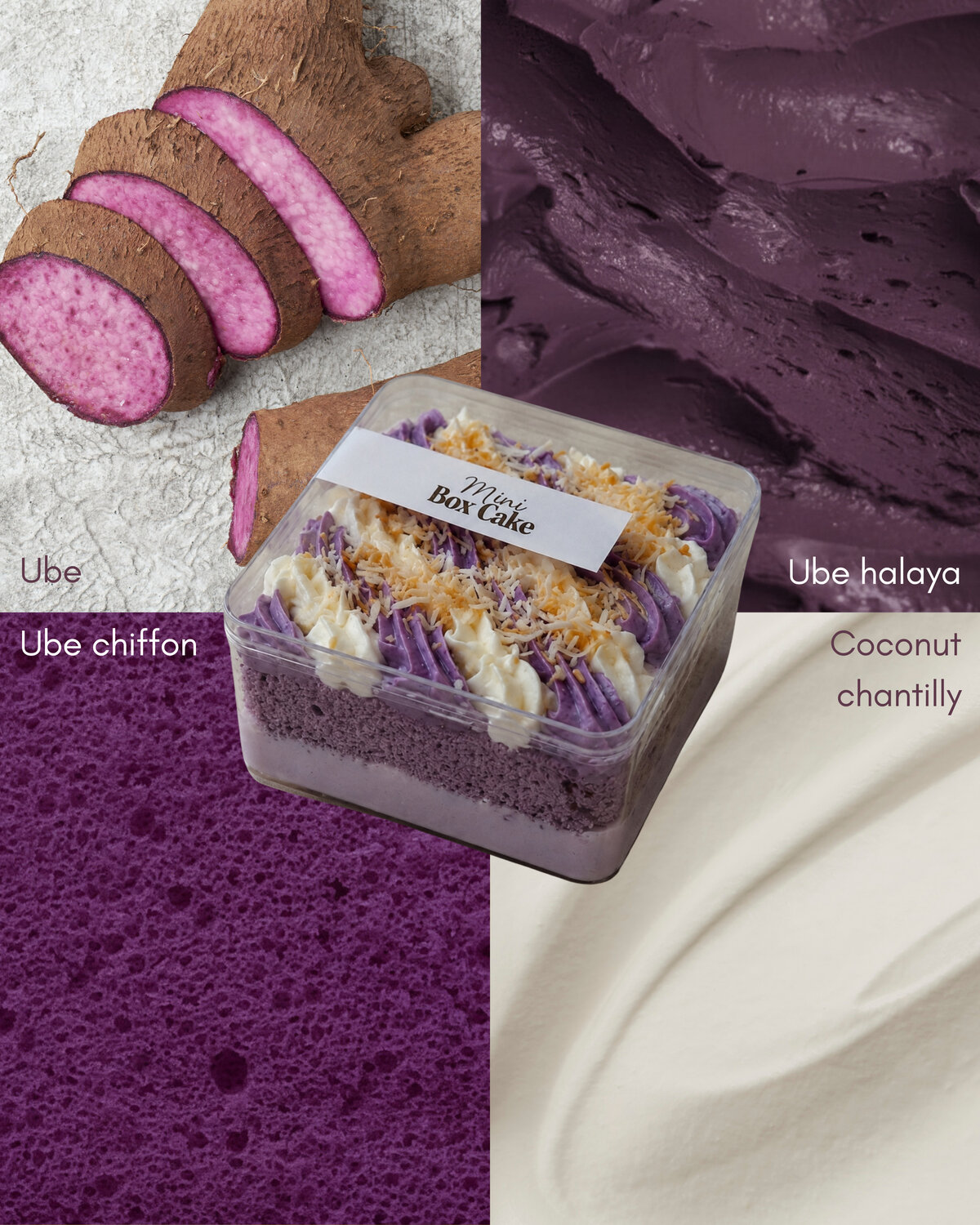 Ube mini box cake with ube halaya, coconut chantilly and toasted coconut