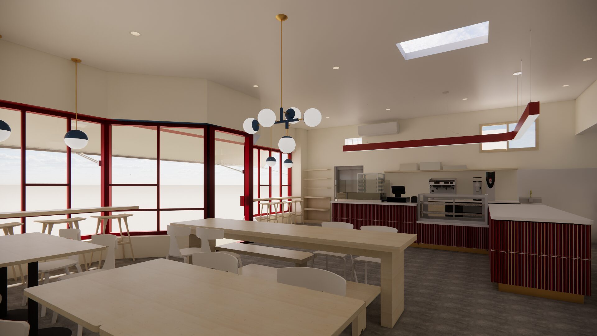 The Suis dining room with a long communal table and a window bar